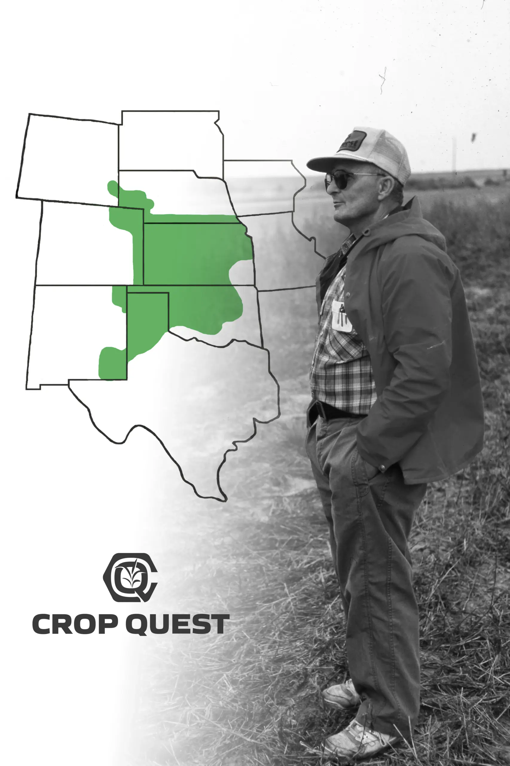 Crop Quest service area map over historic photo of founder Rollie Stukenholtz