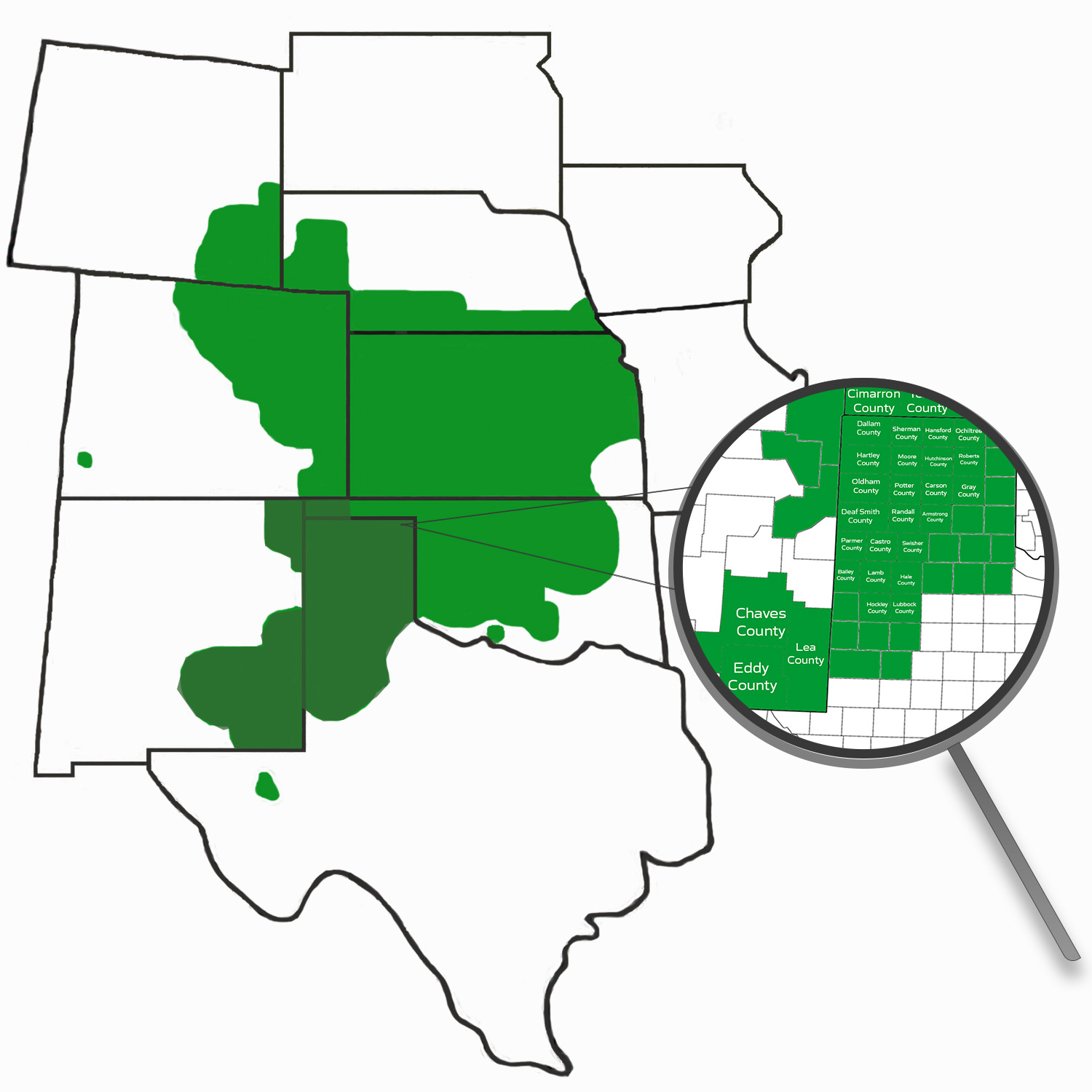 Dumas Texas agronomy service area map showing counties in the Texas Panhandle, eastern New Mexico, and western Oklahoma served by Crop Quest