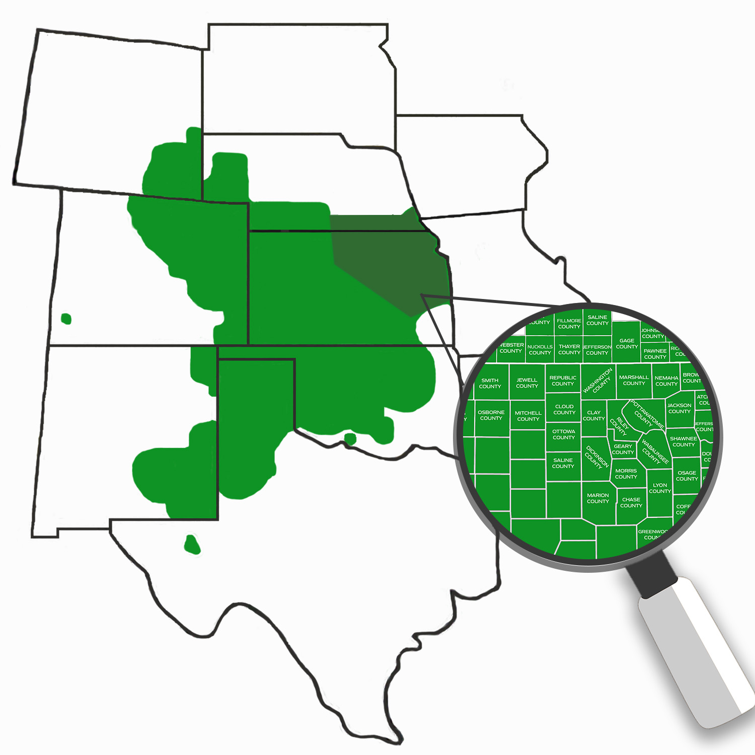 North Central Kansas agronomy service area map highlighting counties in central and north central Kansas served by Crop Quest with expanded regional view