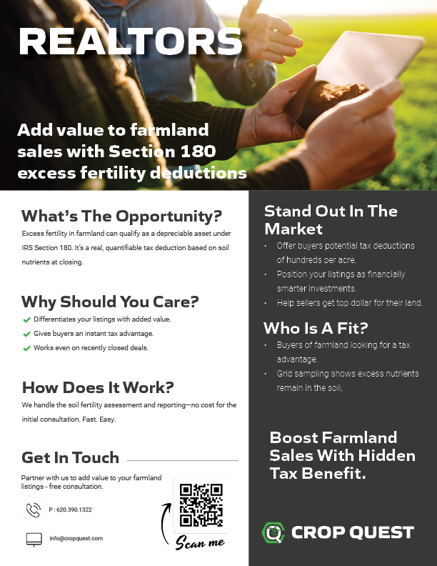 Flyer for rural realtors promoting land value through soil fertility data.